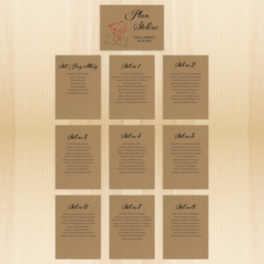 Plan stołów weselnych, rozmieszczenia gości na weselu na papierze eko Kraft.