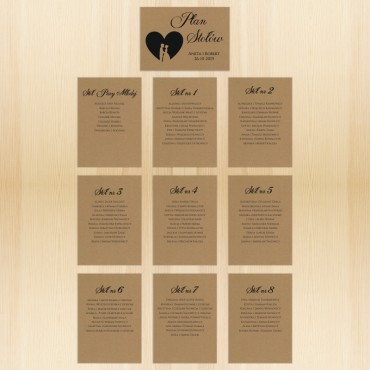 Plan stołów weselnych, rozmieszczenia gości na weselu na papierze eko Kraft.